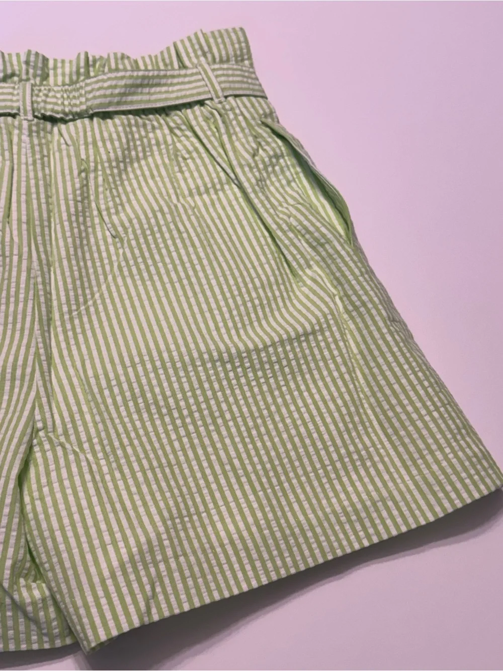 Jacadi Light Green and White Striped Paperbag Waist Shorts with Flower Buckle